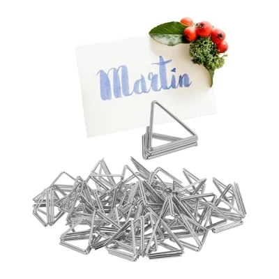 Image of Place Card Holder, 48x Set, Triangle Shape, Table Stand, Seat Marker, Wedding, Metal, Menu, Number, Silver Relaxdays
