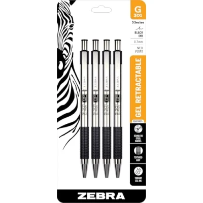 Image of Zebra G 301 Stainless Steel Retractable Gel Pen, Medium Point, 0.7mm, Black Ink, 4 Count