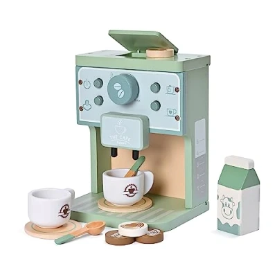 Image of Donmills Kids Wooden Toys Toddler Pretend Play Kitchen Accessories Green Coffee Maker Espresso Machine Playset Montessori Toy Gift for Girls and Boys