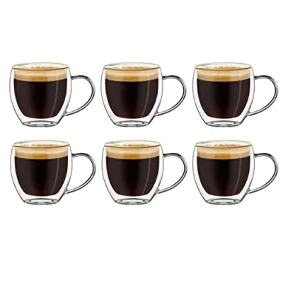 Image of Creano Double Walled Espresso Glasses 100ml with Handle Insulated Coffee Cups Handmade Heat Resistant Glass 6 pcs (Pack of 1)