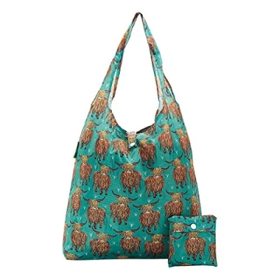 Image of ECO CHIC Lightweight Foldable Reusable Shopping Bag Water Resistant Tote (Highland Cow Teal)