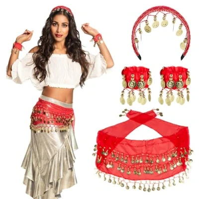 Image of Boland Gypsy Costume Accessory Set Belly Dancer Coin Belt Headband and Bracelets Arabian Fancy Dress Ladies One Size (One Size)