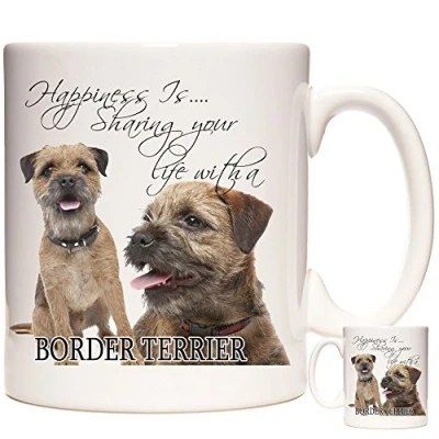 Image of Border Terrier Mug. Happiness Is Sharing Your Life with A Terrier. 11oz ceramic Gift for Mums and Dads