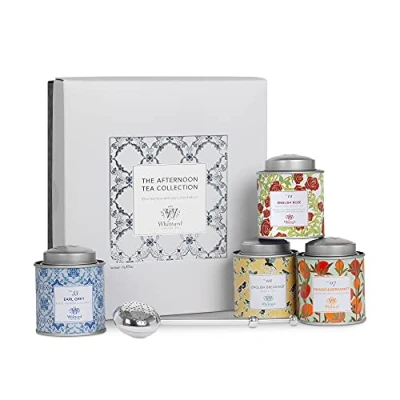 Image of Whittard of Chelsea Afternoon Tea Collection Gift Set for Men &amp; Women 4 Rich Fruity Black Green Teas Incl. Silver Plated Infuser Suitable Vegans Vegetarians Pack
