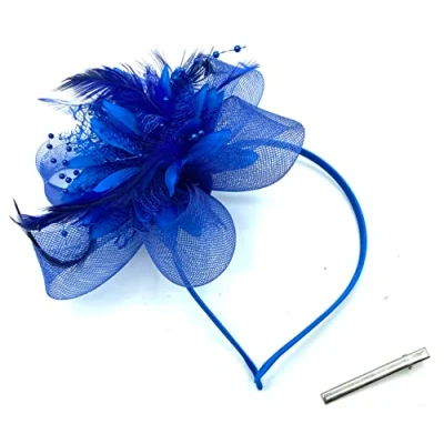 Image of Ladies Beaded Feather Fascinator Clip/Headband Weddings, Races, Royal Ascot (Royal Blue)