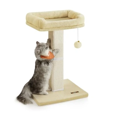 Image of Feandrea Cat Scratching Post, Scratcher with 40 x 30 cm Plush Perch, Tree, 71 Tall Scratch Post Woven Sisal, 45 Base, Pompom, Beige PCA022M01