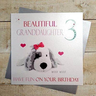 Image of WHITE COTTON CARDS Beautiful Granddaughter 3 Have Fun, Handmade 3rd Birthday Card, Puppy, Code XN214 GD3