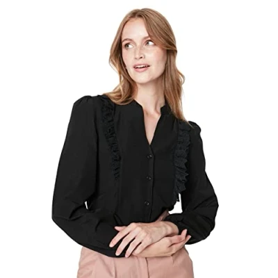 Image of Trendyol Women&#039;s Woman Regular Standard Collar Woven Shirt, Black, 38 UK