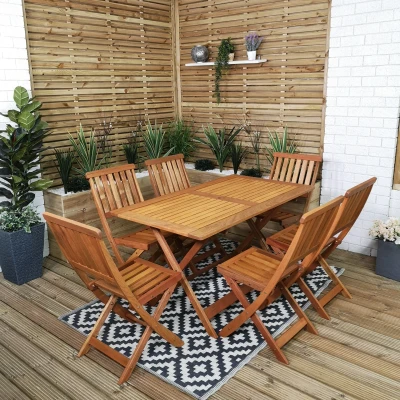 Image of Outdoor 6 Person Folding Rectangular Wooden Garden Dining Table Chairs Set