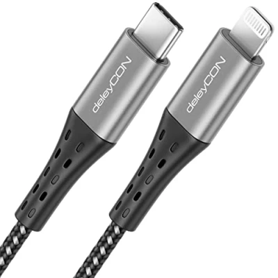 Image of deleyCON 2m (6.56 ft.) Nylon USB C to Lightning Charging and Data Cable Fast MFI Certified Compatible for Apple iPhone iPad iPod 8Pin Type Metal Connectors Power Delivery