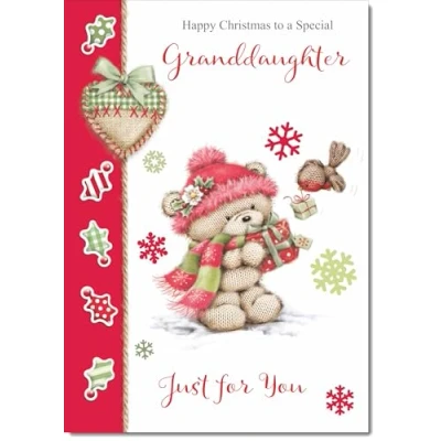 Image of doodlecards Granddaughter Christmas Card Cute Bear with Red Hat Medium Size Plain Envelope, 21 x 15cm