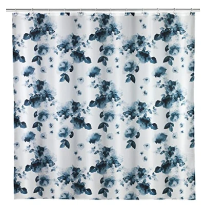 Image of WENKO Mildew Shower Curtain Rose Blue Anti Bacterial Textile Washable Water Resistant with 12 Rings Polyester White 180 x 0 200 cm