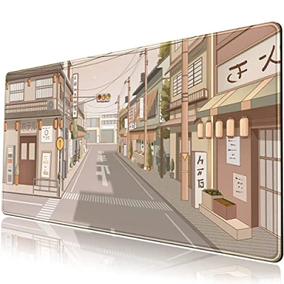 Image of Tokyo Street Desk Mat Anime Japanese Mouse Pad XL Kawaii Large Gaming Mousepad XXL Beige Cute Desktop Laptop Keyboard Big 31.5&#039;&#039;x15.7&#039;&#039; with Stitched Edges Non Slip Rubber Base