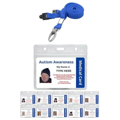 Image of Quantum Leap Printed Plastic Autism Awareness Disability ID Card with Blue Sunflower Lanyard &amp; Clear Pocket