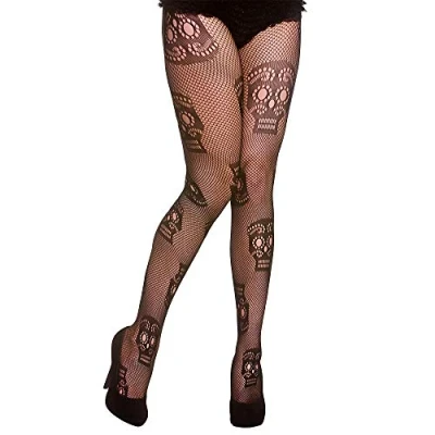 Image of Wicked Costumes Adult Ladies Black Fishnet Skull Tights Halloween Fancy Dress Accessory