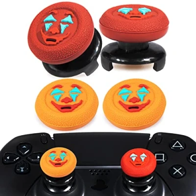 Image of Playrealm FPS Thumbstick Extender &amp; Texture Rubber Silicone Grip Cover 4 Sets for PS5 Dualsenese PS4 Controller (Joker Orange+Red)