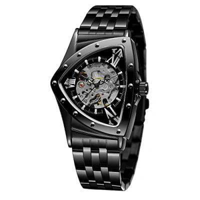 Image of FORSINING Men&#039;s Watch 30M Waterproof Skeleton Hollow Automatic Dazzling Retro Triangle Wrist (Black)