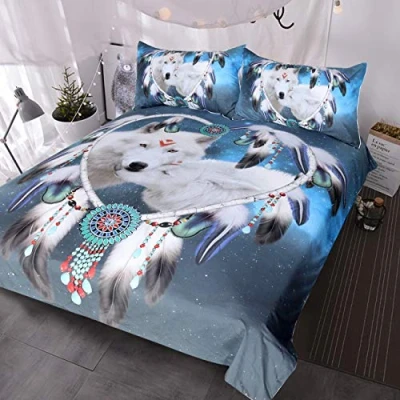Image of BlessLiving Wolf Dream Catcher Bedding 3 Piece White Wolves Bed Set Blue Galaxy Couple Duvet Cover (Super King)