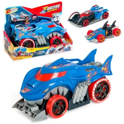 Image of T Racers Mix &#039;N Race Squad Launcher shark a truck that transforms into launcher. Includes 2 exclusive cars, vehicle launching area and an for transporting vehicles