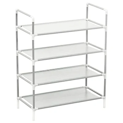 Image of vidaXL Shoe Rack with 4 Shelves Wardrobe Storage Standing Organiser Stand Shelf Household Supplies Metal and Non woven Fabric Silver