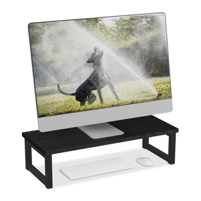Image of Relaxdays Monitor Stand, Desk Organiser, Ergonomic Screen Holder for Table, Home and Office, HWD: 15 x 55 23 cm, Black, Fibreboard