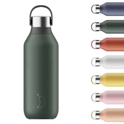 Image of Chilly&#039;s Series 2 Water Bottle Stainless Steel Thermal Bottles with Double Wall Vacuum, Soft Collar &amp; Carry Loop Pine Green, 500ml