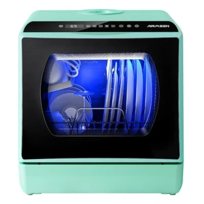 Image of AIRMSEN Mini Table Top Dishwasher, 5+1 Cycle Programs Countertop 5L Water Tank, 2 Ways Supply, Touch Control &amp; LED Display, Ideal for Home Kitchens, Apartments, Dorms, Green
