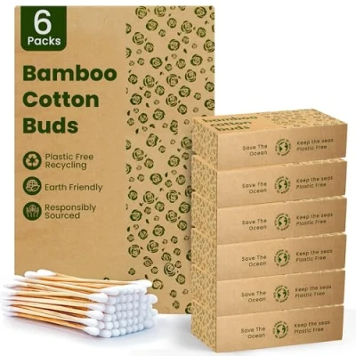Image of 600 Bamboo Cotton Buds 100% Eco Friendly Biodegradable Wool Q Tips Compostable Earbuds Recycled Plastic Free Packaging 6x100 Ear Cotton… (600 Count)