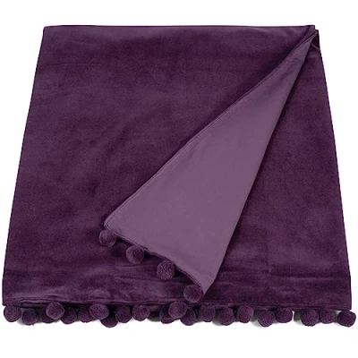 Image of Ragged Rose 140 cm x 180 Throw Blanket Pom Made of Cotton Velvet with Pompom Trims on Sides Versatile for Sofa &amp; Bed
