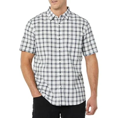 Image of Amazon Essentials Men&#039;s Slim Fit Short Sleeve Poplin Shirt, Navy White Plaid, XXL