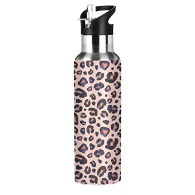 Image of JUMBEAR Fashion Leopard Animal Print Water Bottle Acuum Insulated Stainless Steel Leakproof Wide Mouth Kettle with Straw Lid for Fitness Gym Outdoor Sports