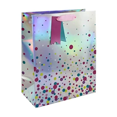 Image of Eurowrap Silver Holographic Dots Gift Bag With Tag Birthday Occassions Large