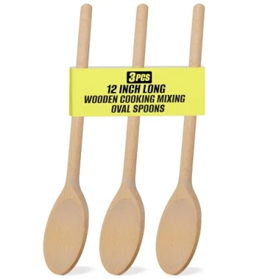 Image of 12 Inch Long Wooden Spoons for Cooking Oval Wood Mixing Baking, Cooking, Stirring Sauce Made of Natural Beechwood Set 3
