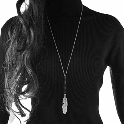 Image of Yienate Boho Y Necklace Feather Pendant Long Fringe Leaf Minimalist Charm Angel Jewellery for Women and Girls