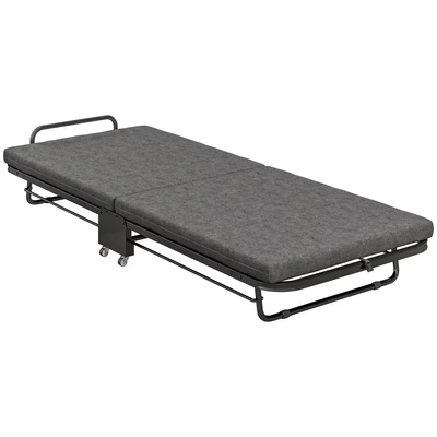 Image of HOMCOM Folding Bed with Mattress, Foldable Guest on Wheels, Portable Single 7cm 188 x 76cm, Grey