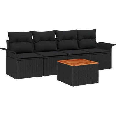 Image of vidaXL 5 Piece Garden Sofa Set with Cushions Black Poly Rattan Acacia