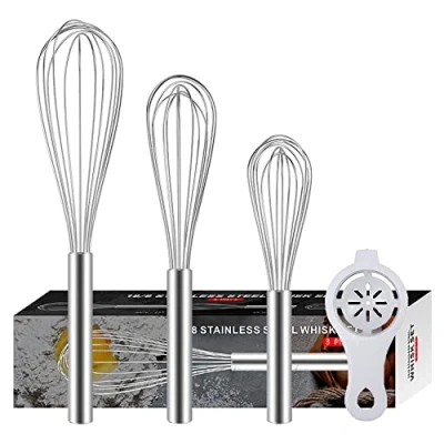 Image of 3 Pack Stainless Steel whisks 8&quot;+10&quot;+12&quot;, Wire Egg Beater Whisk Set Kitchen Balloon for Cooking, Blending, Whisking, Beating, Stirring