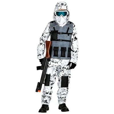 Image of WIDMANN 01715 Kids Boys White &amp; Black Arctic Special Forces Costume. Includes hooded coat, pants and face mask. Fancy Dress, Outfit, World Book Day, Halloween, Carnival, Army. Age 4 5 Years.