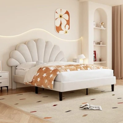 Image of ModernLuxe Upholstered Double Bed, 4FT6 Bed Frame with Adjustable Chic Petal Headboard, Solid Wooden Slatted Frame, No Box Spring Needed, Easy Assembly, Velvet Beige, 135x190cm