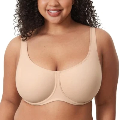 Image of Delimira Women&#039;s Confishape Underwire Unlined Bra Full Coverage Plus Size Comfort Support Bras Beige 38DD