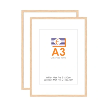 Image of ENGLORY A3 Oak Picture Frame Set of 2, Wood 29.7x42cm Photo Frames with Perspex Glass Front for Certificate/Picture/Poster/Painting, Wall Mount Decoration.