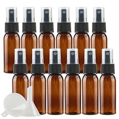 Image of ZEOABSY 12 Pcs Brown 30ml Empty Fine Mist Plastic Spray Bottles Travel Atomiser Bottle Set, Portable Small Refillable Sprayer with Black Pump Head, 2 Funnels