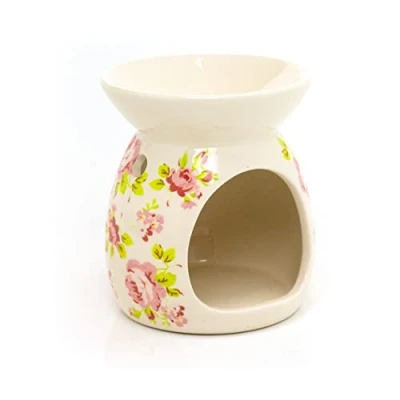 Image of Vintage Rose Essential Oil Burner Ceramic Tealight Candle Holder Wax Melt Floral Fragrance Diffuser Aromatherapy Gift