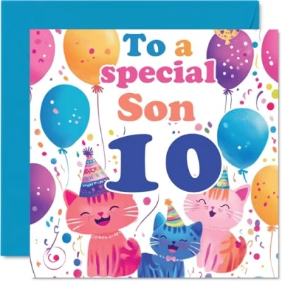 Image of 10th Son Birthday Card Cute Cats Special Happy for from Mum Dad, 145mm x Age 10 Ten Greeting Cards