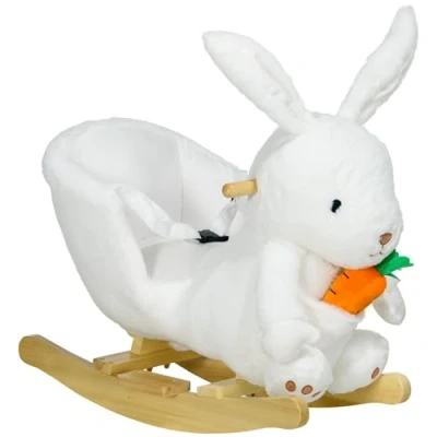 Image of HOMCOM Kids Rocking Horse, Plush Rabbit Shaped Baby Animal w/Carrot Toy, Safety Harness, Realistic Sounds, Foot Pedals, for Toddlers Aged 18 36 Months White