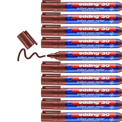 Image of edding 30 brilliant paper marker brown 10 waterproof permanent markers round nib 1.5 3 mm vibrant colours lightfast marking on paper, card, cardboard, plastic, metal and glass