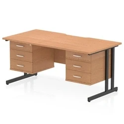 Image of Impulse 1600 x 800mm Scalloped Edge Straight Office Desk Oak Top Black Cantilever Leg Workstation 2 3 Drawer Fixed Pedestal