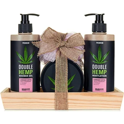 Image of BRUBAKER Cosmetics Hemp Oil Body Care and Shower Set Fresh Strawberries &amp; Coconut with Wooden Tray (5 Pieces)
