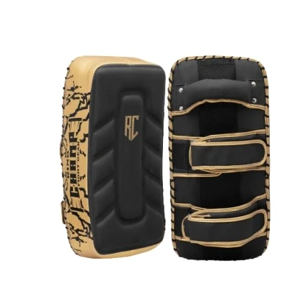 Image of RING CHAMP FIGHT GEAR Thai Kick Pad Boxing Strike Shield Curved Arm MMA Muay Punch Mitt Sports (Single, Black/Golden)