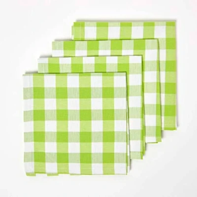 Image of HOMESCAPES Set of 4 Green Gingham Napkins Block Check Pattern 100% Cotton 45 x cm (18 18) with and White Checkered Design